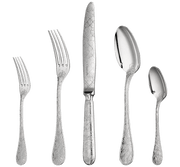Christofle 5-Piece Place Setting Jardin d'Eden Silver Plated, featuring intricately engraved dinner and dessert forks, knife, tablespoon, and teaspoon with elegant scrolling floral patterns.
