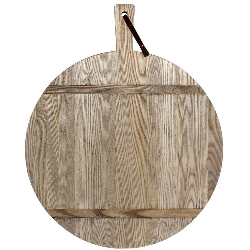 J.K. Adams | Round Ash Serving Boards, Large with Driftwood finish, featuring a light-toned wood surface and leather strap for hanging. Ideal for kitchens and entertaining.