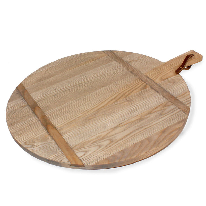 J.K. Adams | Round Ash Serving Boards, Large, featuring a driftwood finish and integrated handle with leather loop, perfect for serving or cutting in stylish kitchens.