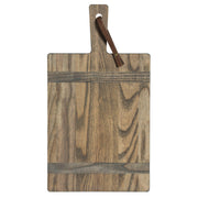 J.K. Adams | 1761 Ash Driftwood Rectangular Serving Board, Small, featuring a natural wood-grain finish with darker inlays and a leather strap handle.