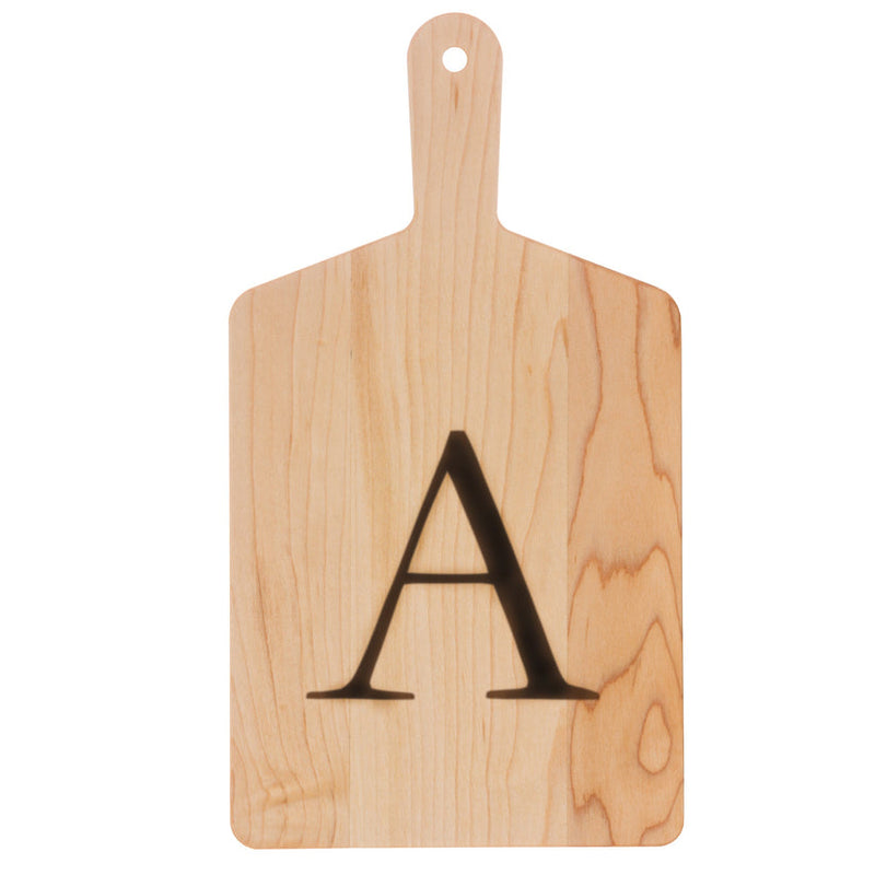 J.K. Adams | Monogrammed Maple Cheese Board, Letter A: A light-wood paddle-style board with a handle, featuring a bold A and a navy grosgrain ribbon.