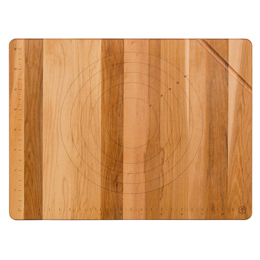 J.K. Adams | The Ultimate Pastry Board: Hardwood board with laser-etched guides for precise baking, featuring inch-mark rulers, concentric circles, and a corner groove for convenience.
