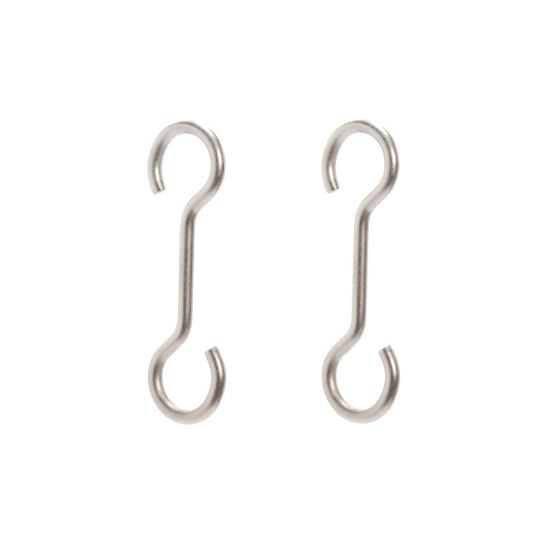 J.K. Adams | Extension Hooks, Small, Set of 2: Silver S-shaped metal hooks, nickel-plated, ideal for customizing pot rack heights in kitchen setups.
