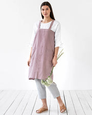 MagicLinen Japanese Cross-Back Linen Apron L-XL in Woodrose, featuring durable fabric and two side pockets for cooking or gardening.