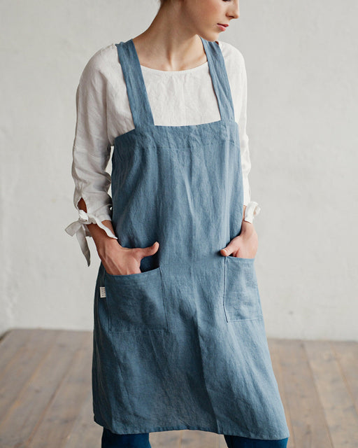 MagicLinen Japanese Cross-Back Linen Apron with side pockets, ideal for cooking and gardening, from Athens Cooks.