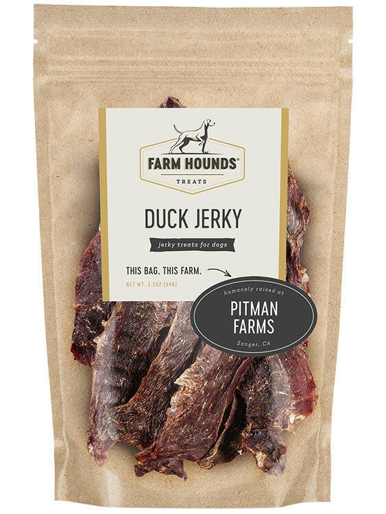 Farm Hounds | Jerky Treats - Turkey Jerky package featuring a label highlighting its 100% dehydrated, pasture-raised poultry muscle meat, suitable for dog training or rewards.