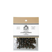 India Tree Juniper Berries - 1 oz: Close-up of label and a bag with hand-harvested berries, known for their aromatic flavor, perfect for enhancing culinary dishes.