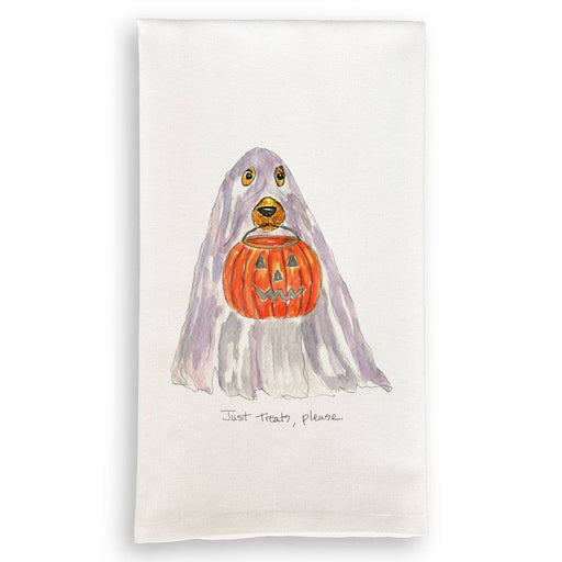 French Graffiti | Just Treats Please Ghost guest towel featuring a ghost holding a pumpkin design, ideal for adding charm and elegance to your kitchen or guest bathroom.