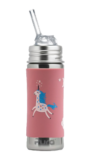 PURA STAINLESS | Kiki® 11oz Straw Bottle, Rose: A stainless-steel bottle with a pink unicorn silicone sleeve and spill-resistant lid, ideal for versatile, toxin-free hydration.