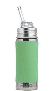 PURA STAINLESS | Kiki® 11oz Straw Bottle features a stainless steel body, green silicone sleeve, and removable clear straw/spout lid, ensuring safety and adaptability for growing children.