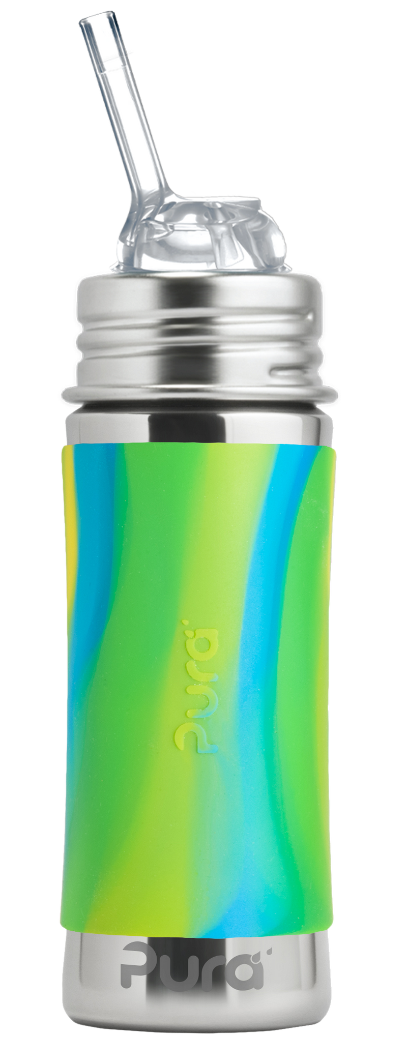 PURA STAINLESS | Kiki® 11oz Straw Bottle with green/blue swirl silicone sleeve and clear straw, features durable, plastic-free stainless steel design for toddlers.
