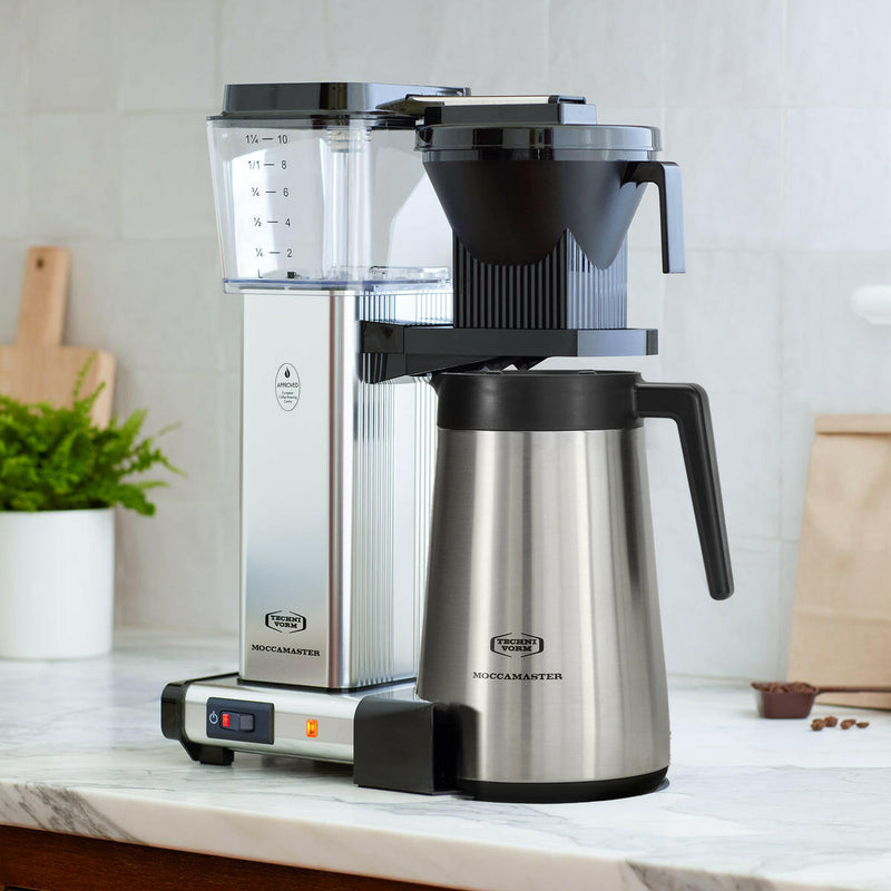 Moccamaster | KBGT Coffee Brewer in polished silver, featuring a stainless steel carafe and automatic drip-stop, ideal for brewing full carafes efficiently.