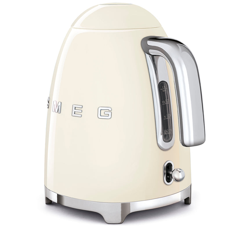 Smeg | Kettle - Cream: Retro-style electric kettle with chrome accents, 1.7L capacity, soft-opening lid, and 360° swivel base, perfect for stylish kitchens.
