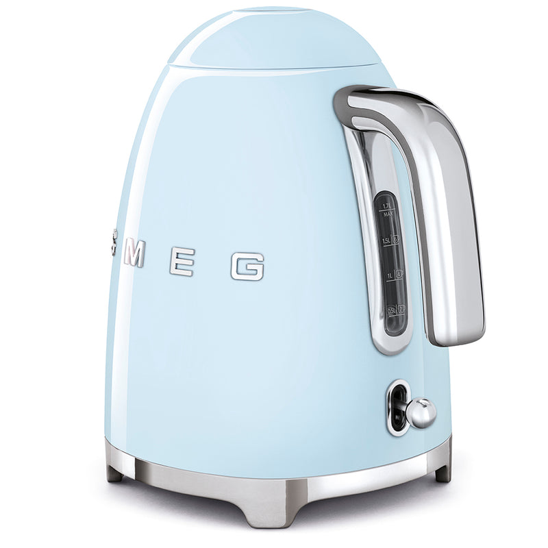 Smeg | Kettle - Pastel Blue: Retro electric kettle with chrome accents, visible water-level window, and ergonomic handle, perfect for home use.