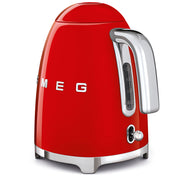 Smeg | Kettle - Red: A cherry-red retro electric kettle with chrome accents, 1.7L capacity, 360° swivel base, and gentle lid opening, ideal for convenience in any kitchen.