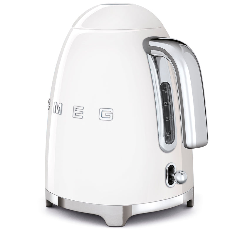 Smeg | Kettle - White: A stylish 1.7L electric kettle with chrome accents, water-level gauge, soft-opening lid, and swivel base for convenience. Perfect for any modern kitchen.