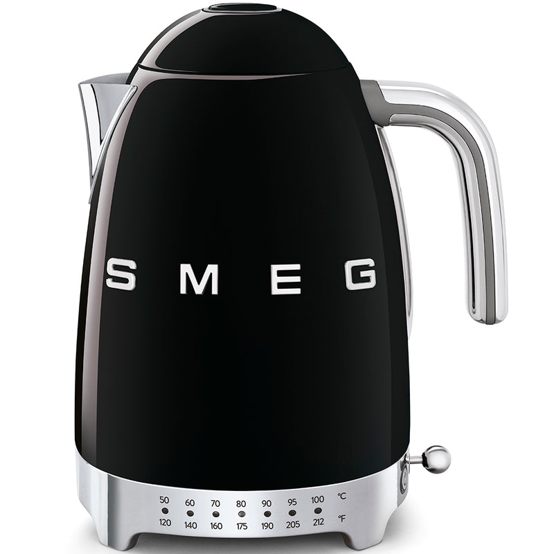 Smeg | Temp Kettle - Black: A 50s retro-style electric kettle featuring chrome handle, temperature markings, SMEG logo, and 1.7L capacity with 7 temperature settings.