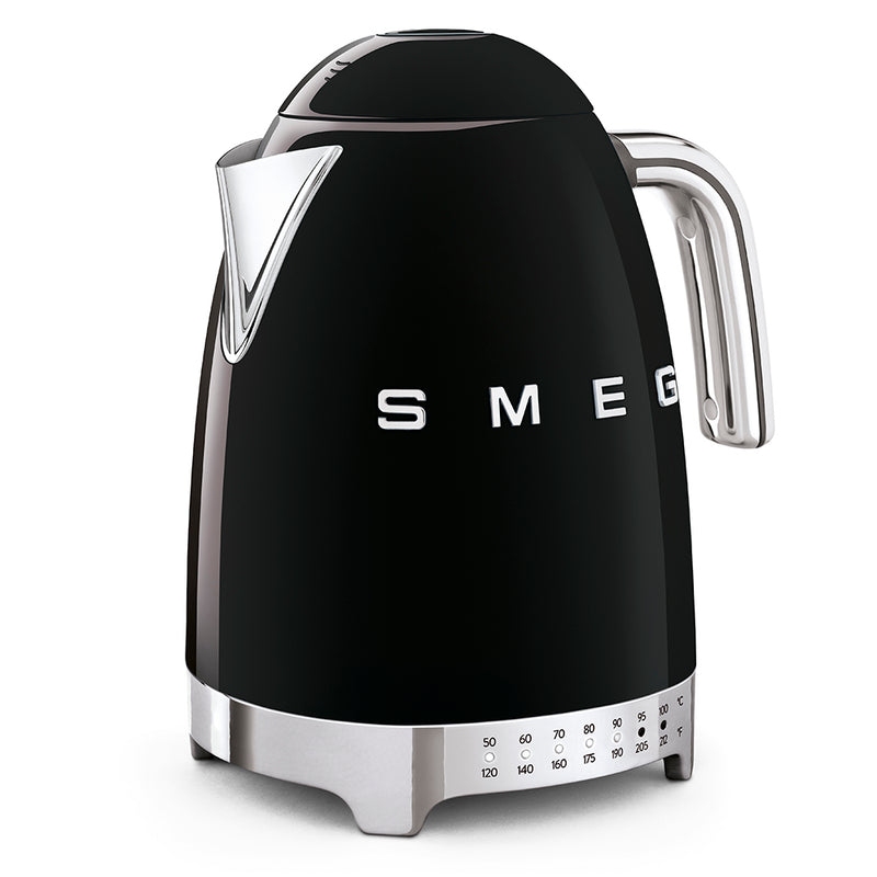 Smeg | Temp Kettle - Black: Retro-style 1.7L electric kettle with temperature dial, ergonomic handle, pointed spout, and polished stainless-steel accents.