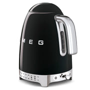 Smeg | Temp Kettle - Black with retro design, chrome accents, temperature dial, and water-level gauge, offers precise brewing.