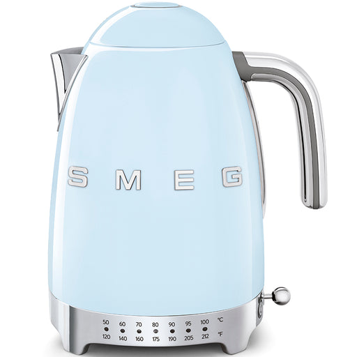 Smeg | Temp Kettle - Pastel Blue: Retro-styled electric kettle with a chrome handle, 1.7L capacity, 7 temperature settings, and a 360° swivel base for convenience.