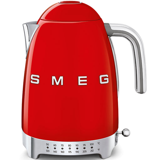 Smeg | Temp Kettle - Red: Retro-styled 1.7L electric kettle with chrome handle, temperature-selection scale, gentle lid opening, and 360° swivel base for easy use.