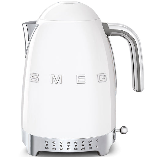 SMEG Temp Kettle - White, 1.7L retro design, chrome accents, temperature dial, and embossed SMEG logo, ideal for precise tea and coffee brewing.