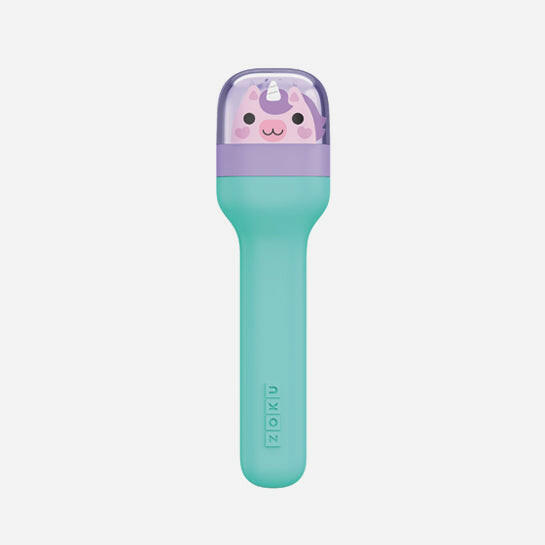 Zoku Kids Pocket Utensils - Unicorn set, featuring a spoon, fork, and knife in a compact blue case for easy storage in backpacks or lunchboxes.