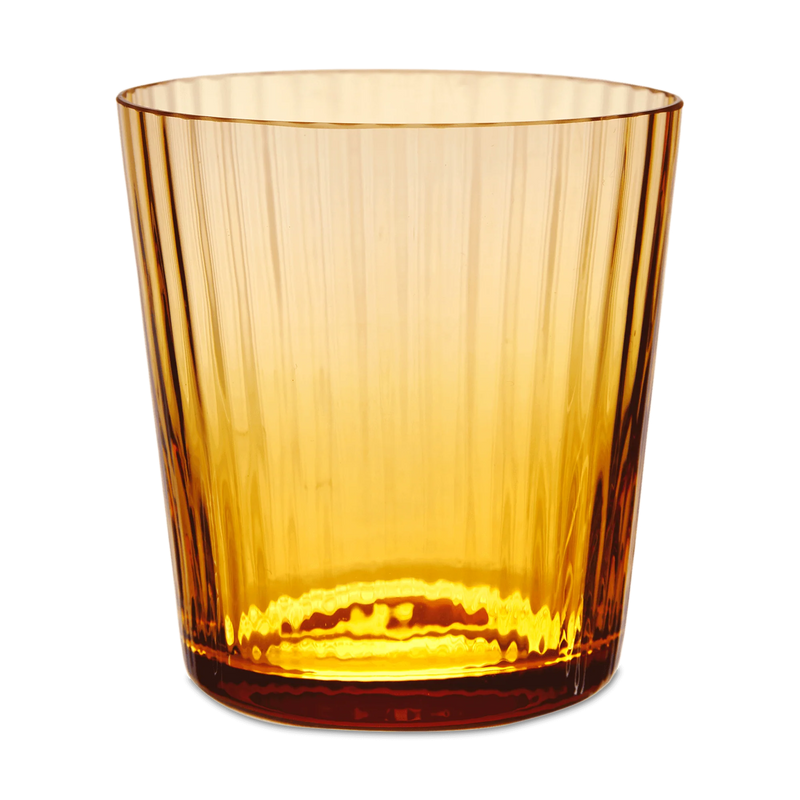 Amber translucent tumbler with vertical ribbing, titled Match |, ideal for enhancing your kitchenware collection from Athens Cooks.