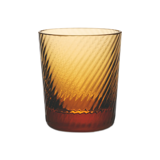 Match | Lando Shot Glass, Amber, Twist: A cylindrical amber-tinted tumbler with a diagonal wave-like texture, creating a swirling light-and-shadow effect.