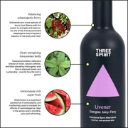 Three Spirit | Botanical Social Elixirs, Livener: Non-alcoholic spirit with adaptogenic berry, Amazonian holly, and watermelon. Energizing and antioxidant-rich, perfect for alcohol-free refreshment.