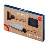 Opinel | Le Petit Chef 3pc Knife Set features a kids' chef knife, peeler, and finger guard in a cardboard box, ideal for teaching safe cooking techniques.