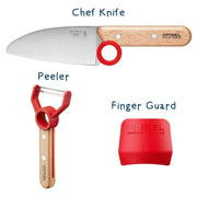 Opinel | Le Petit Chef 3pc Knife Set features a chef knife, peeler, and finger guard, designed for safe cooking lessons with children.