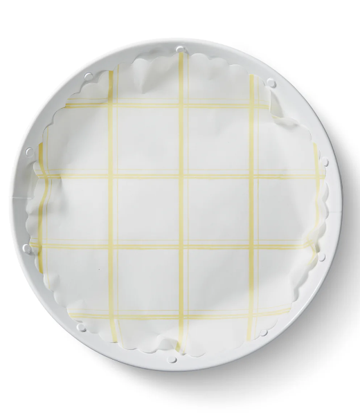 Lemon Chiffon Original Flat Plate Liners feature a yellow plaid pattern on compostable paper, ideal for enhancing table settings at Athens Cooks kitchen store.