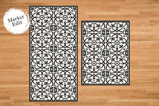 Etú HOME | Liberty L Italian Door Floor Mat (24 x 32) features a black geometric-floral pattern on a light background, ideal for kitchens or entryways.