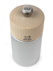 Peugeot | Line Salt Mill Aluminum + Beechwood, Natural, 7 inches, featuring a fluted aluminum body and wood top with Peugeot lion logo, ideal for kitchen use.