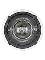 Peugeot | Line Salt Mill Aluminum + Beechwood 5 Inches, Natural, showcasing its durable steel burr mechanism for grinding dry salt efficiently.