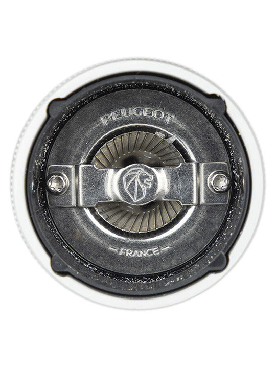 Peugeot | Line Salt Mill Aluminum + Beechwood 5 Inches, Natural, showcasing its durable steel burr mechanism for grinding dry salt efficiently.