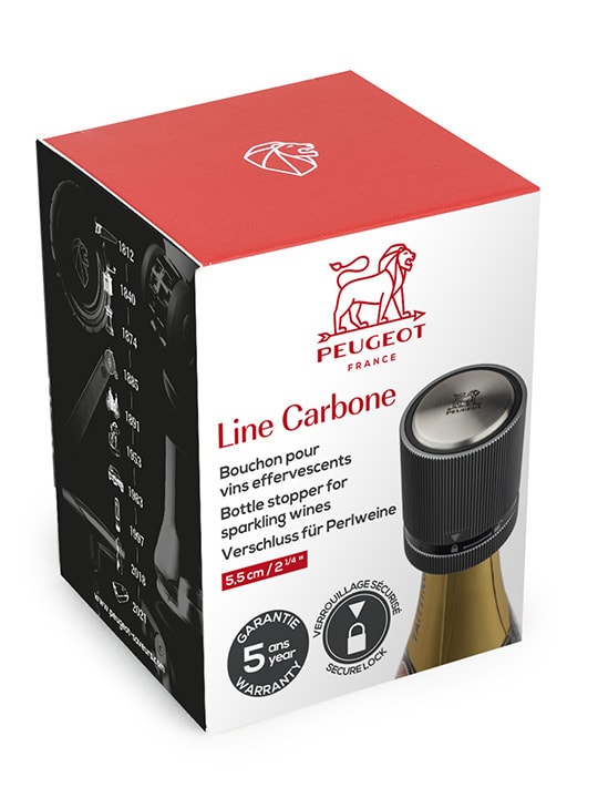 Peugeot | BULK DISPLAY Line Bottle Stoppers - Carbon, featuring box packaging with an illustrated bottle stopper, ideal for enhancing your barware collection at Athens Cooks.