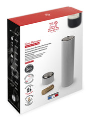 Peugeot | Line Reverse Corkscrew, Aluminum: Electric corkscrew with automatic operation, rechargeable lithium-ion battery, and 80-cork autonomy, highlighted on sleek packaging with key features.