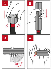 Peugeot | Line Reverse Corkscrew, Aluminum: Step-by-step guide showing automatic cork extraction and ejection process using innovative electric corkscrew. Ideal for effortless wine bottle opening.