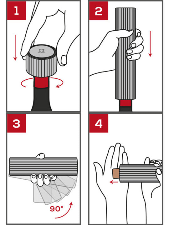 Peugeot | Line Reverse Corkscrew, Aluminum: Step-by-step guide showing automatic cork extraction and ejection process using innovative electric corkscrew. Ideal for effortless wine bottle opening.