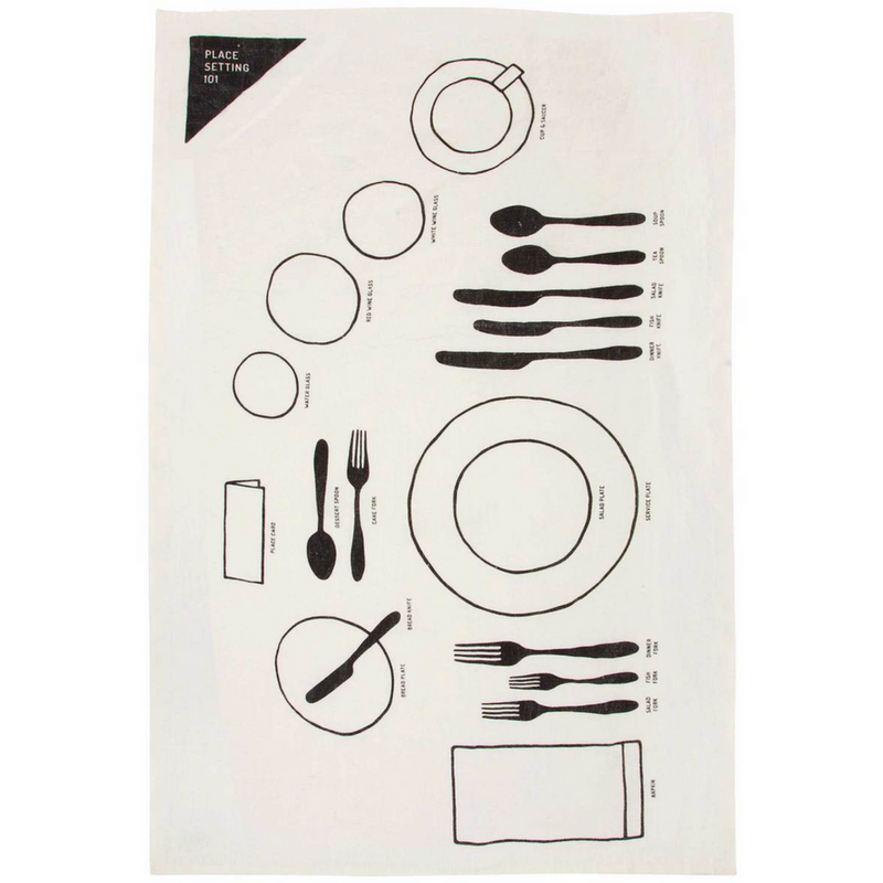 Sir|Madam Linen Tea Towel, featuring a circle and knife design, crafted from pure linen for drying delicate dishware, hand-screened in India.