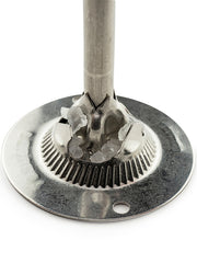 Close-up of a Peugeot Bistro Salt Mill's steel mechanism, highlighting its stamped-steel flange and weld details within the classic beech wood design.