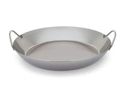 Matfer Bourgeat Black Carbon Steel Paella Pan with loop handles, ideal for durability and heat retention, featured empty against a white background.
