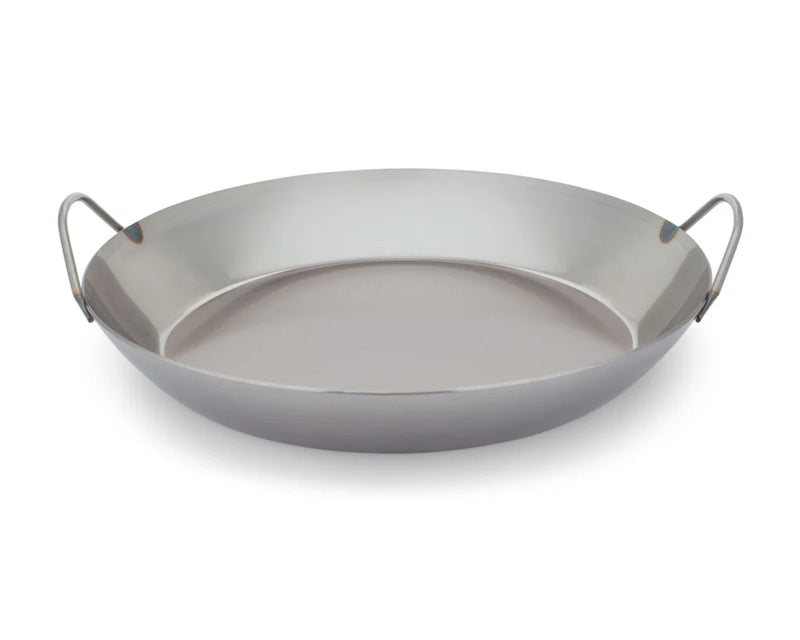Matfer Bourgeat Black Carbon Steel Paella Pan with loop handles, ideal for durability and heat retention, featured empty against a white background.