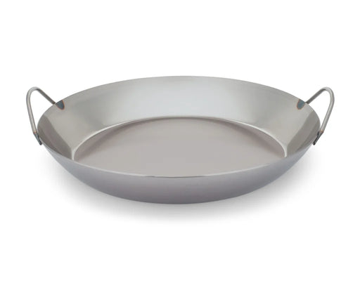 Matfer Bourgeat Black Carbon Steel Paella Pan with loop handles, ideal for durability and heat retention, featured empty against a white background.