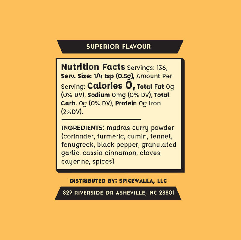 Spicewalla | Madras Curry Powder, featuring a blend of coriander, turmeric, cumin, and more. Perfect for marinades, soups, and meats. Servings: 136, Calories: 0.