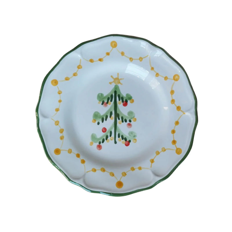 La Gabbianella | MAGIA salad/dessert plate features a hand-painted Christmas tree and scalloped edges, ideal for festive dining, handmade in Italy.