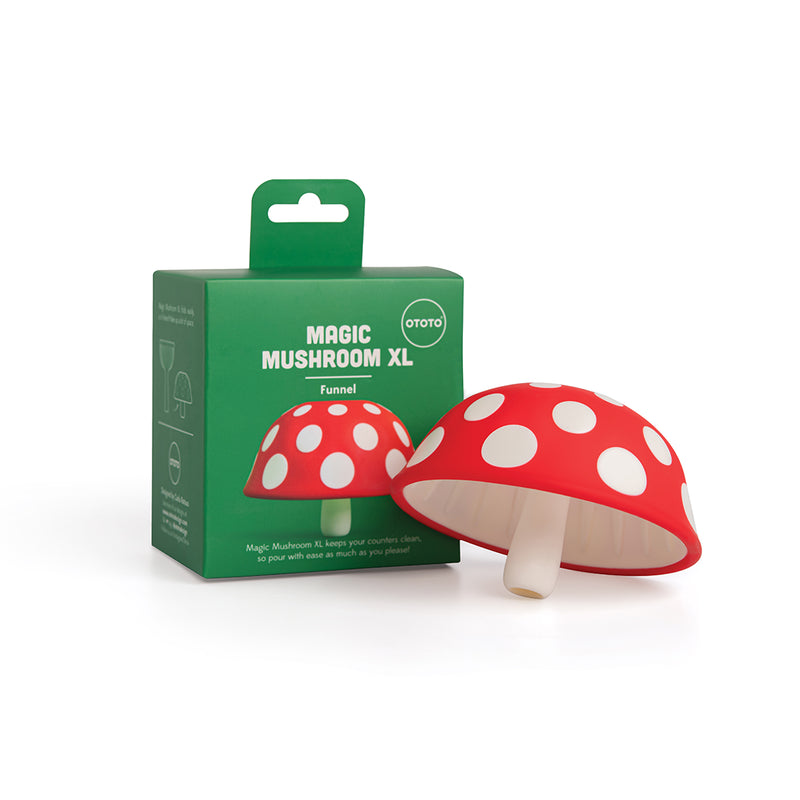 OTOTO | Magic Mushroom Funnels - XL: A whimsical, red and white mushroom-shaped silicone funnel designed for easy liquid transfer, perfect for kitchen enthusiasts.