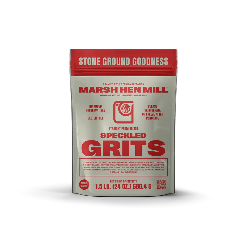 Marsh Hen Mill | Speckled Grits: Stone-ground, gluten-free grits from heirloom corn, emphasizing natural, small-batch quality. Refrigerate after purchase. Net weight 1.5 lb.